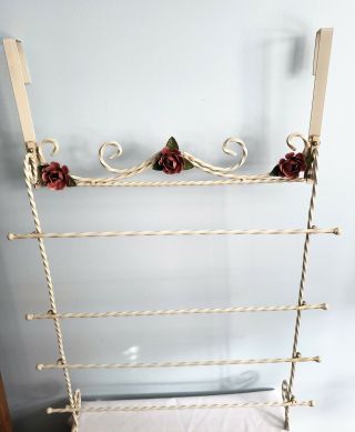 Shabby Chic Vintage Metal Towel Bar Rack Tole Roses Large Door Red Off White