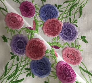 Exquisite Vintage Linen Hand Embroidered Tablecloth Florals