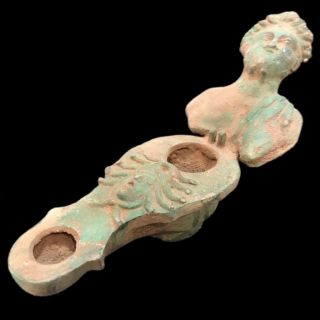 Rare Ancient Roman Bronze Busted Oil Lamp - 200 - 400 Ad (1) Large 23cm Long