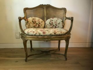 Gorgeous Antique French Provincial Louis Xvi Rococo Gold Cane Settee Loveseat