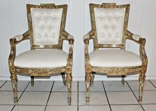Pr Of Rare Neoclassical Style Maitland Smith Carved Gilt Polychromed Armchairs
