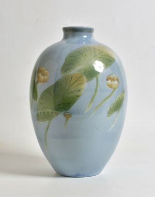 Vintage Signed Japanese Porcelain Vase Studio Pottery Lotus Leaves And Buds