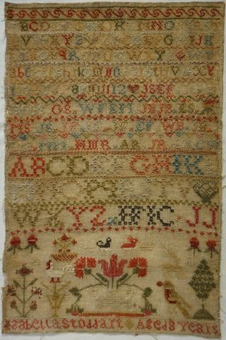 Early 19th Century Motif & Alphabet Sampler By Isabella Stoddart Aged 8 - C.  1830