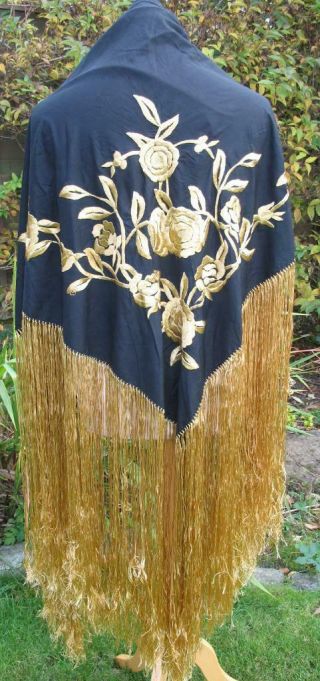 Vintage Silk Piano Shawl Black With Gold Flower Embroidery Gold Knotted Fringe