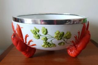 Large Wmf C1910 Art Nouveau White Metal Rimmed Porcelain Lobster Bowl