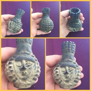 Very Rare Ancient Phoenician Blue Glass Bottle With Face,  500 Bc