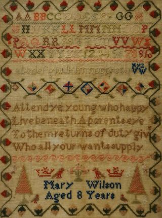 MID/LATE 19TH CENTURY VERSE & MOTIF SAMPLER BY MARY WILSON AGED 8 - c.  1870 11
