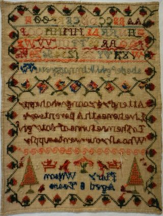 MID/LATE 19TH CENTURY VERSE & MOTIF SAMPLER BY MARY WILSON AGED 8 - c.  1870 12