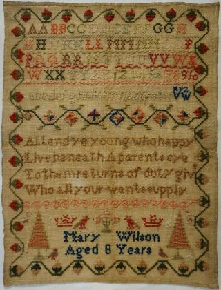 Mid/late 19th Century Verse & Motif Sampler By Mary Wilson Aged 8 - C.  1870
