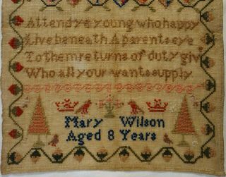 MID/LATE 19TH CENTURY VERSE & MOTIF SAMPLER BY MARY WILSON AGED 8 - c.  1870 3