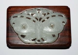 19c Chinese Nephrite Jade Butterfly Carving On A Wooden Block Paperweight (cwo)