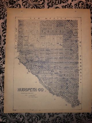 1917 Hudspeth County Texas Map Land Office Austin Blue Line Antique Vintage