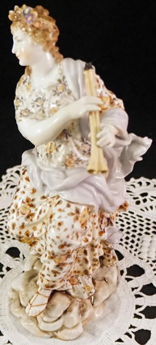 Antique Meissen Volkstedt Porcelain Lady Figurine Sitting Playing Double Flute