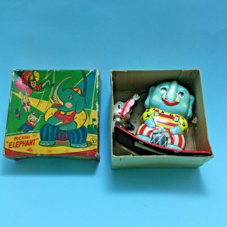 Old Tinplate Vintage Tin Toy Windup Rocking Circus Elephant Monkey Japan 12