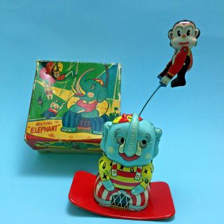Old Tinplate Vintage Tin Toy Windup Rocking Circus Elephant Monkey Japan
