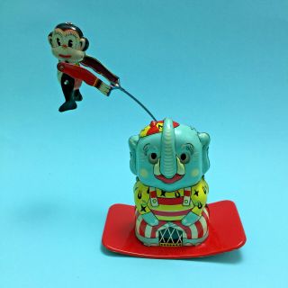 Old Tinplate Vintage Tin Toy Windup Rocking Circus Elephant Monkey Japan 2
