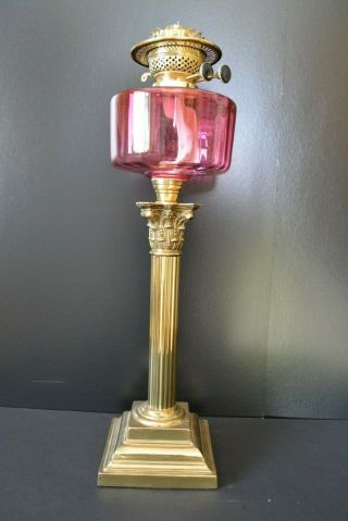 Victorian Twin Burner Oil Lamp.  Stunning Cranberry Font No Damage