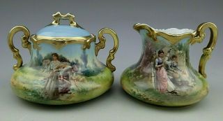 Antique Vienna Austria Porcelain Hand Painted Sugar Bowl And Creamer