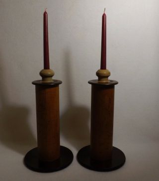 Antique Primitive Spool Wooden Candle Holders Turned Cups & Painted