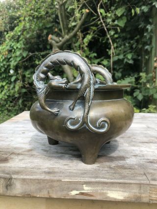 CHINESE BRONZE CENSER XUANDE MARK 19TH CENTURY QING DYNASTY DRAGON HANDLES 2