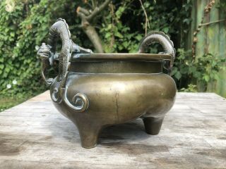 CHINESE BRONZE CENSER XUANDE MARK 19TH CENTURY QING DYNASTY DRAGON HANDLES 3