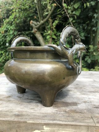 CHINESE BRONZE CENSER XUANDE MARK 19TH CENTURY QING DYNASTY DRAGON HANDLES 4