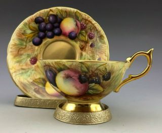 Vintage Aynsley Orchard Fruits Gold Teacup and Saucer SIGNED 2
