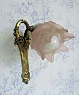 French Antique Brass Art Nouveau Floral Wall Scone Pale Pink Flower Shade 1289