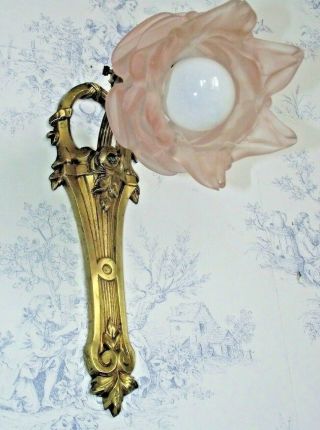 French Antique Brass Art Nouveau Floral Wall Scone Pale Pink Flower Shade 1289 2