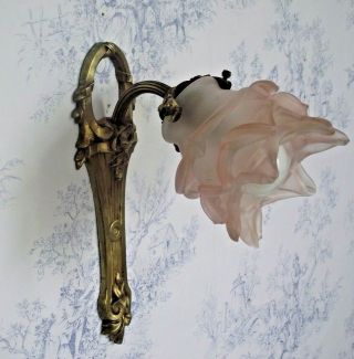 French Antique Brass Art Nouveau Floral Wall Scone Pale Pink Flower Shade 1289 3