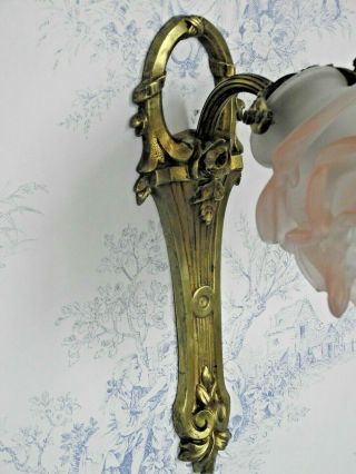 French Antique Brass Art Nouveau Floral Wall Scone Pale Pink Flower Shade 1289 5