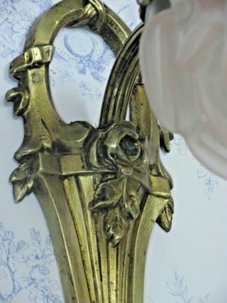 French Antique Brass Art Nouveau Floral Wall Scone Pale Pink Flower Shade 1289 6