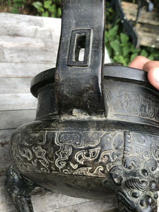 CHINESE MING DYNASTY BRONZE CENSER TAOTIE MASKS AND MYTHICAL BEASTS 11