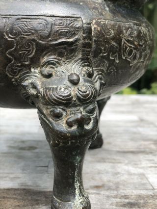 CHINESE MING DYNASTY BRONZE CENSER TAOTIE MASKS AND MYTHICAL BEASTS 3