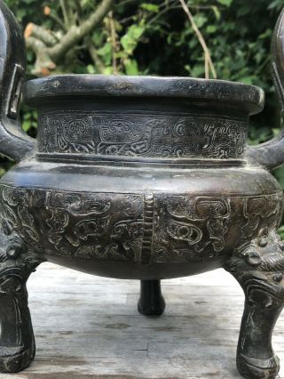 CHINESE MING DYNASTY BRONZE CENSER TAOTIE MASKS AND MYTHICAL BEASTS 4