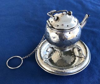 Antique Hand Hammered Sterling Silver Teapot Tea Ball Strainer & Stand Fradley