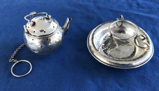 Antique Hand Hammered Sterling Silver Teapot Tea Ball Strainer & Stand Fradley 2