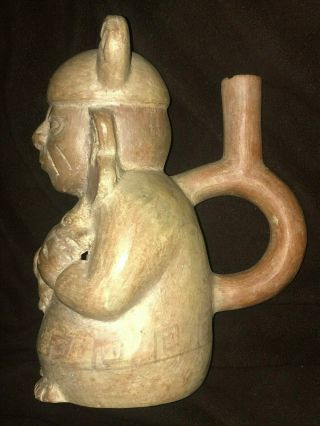 Pre Columbian Moche Peru Pottery Figural Vessel Stirrup Spout Man Holding Animal 4