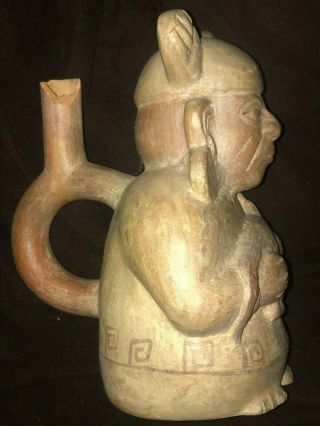 Pre Columbian Moche Peru Pottery Figural Vessel Stirrup Spout Man Holding Animal 5