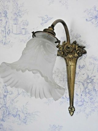 French Art Nouveau Bronze Wall Sconce With Rose Design White Glass Shade 1398 12