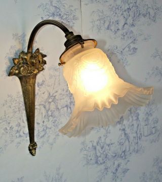 French Art Nouveau Bronze Wall Sconce With Rose Design White Glass Shade 1398