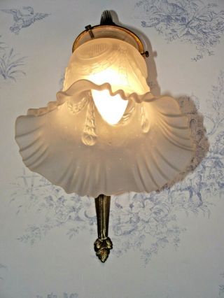 French Art Nouveau Bronze Wall Sconce With Rose Design White Glass Shade 1398 2