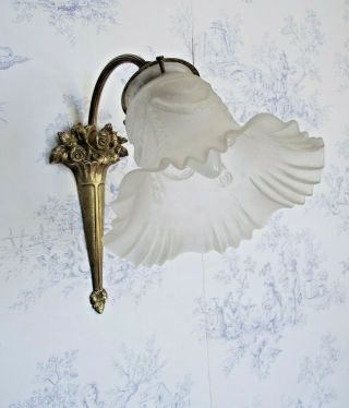 French Art Nouveau Bronze Wall Sconce With Rose Design White Glass Shade 1398 3