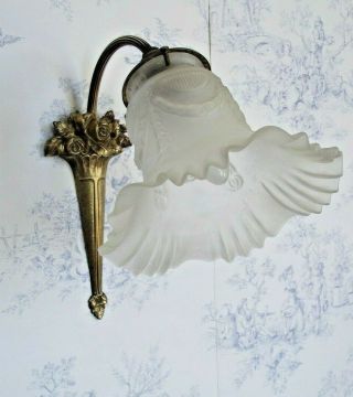 French Art Nouveau Bronze Wall Sconce With Rose Design White Glass Shade 1398 4
