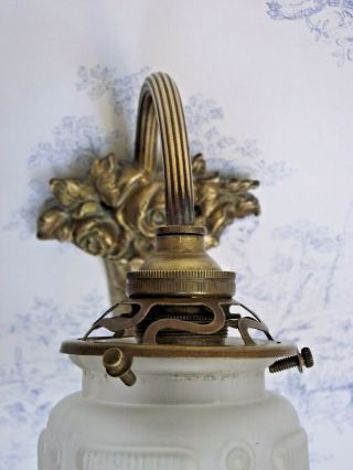 French Art Nouveau Bronze Wall Sconce With Rose Design White Glass Shade 1398 5