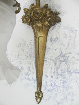 French Art Nouveau Bronze Wall Sconce With Rose Design White Glass Shade 1398 7