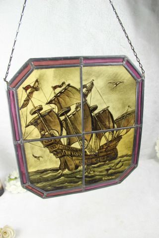 Old Flemish Stained Glass Window Battle Ship Marine Signed Maker