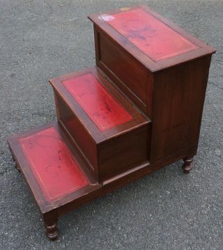 Antique Turn 19th C English Gold Tooled Red Leather Mahogany Library Steps