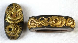 Antique Japanese Sword Fuchi Kashira Set Gold Shakudo Dragon Golden Ken Old