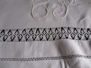 Stunning Antique French Pure Linen Trousseau Sheet.  Scalloped Return,  Embroidery 10